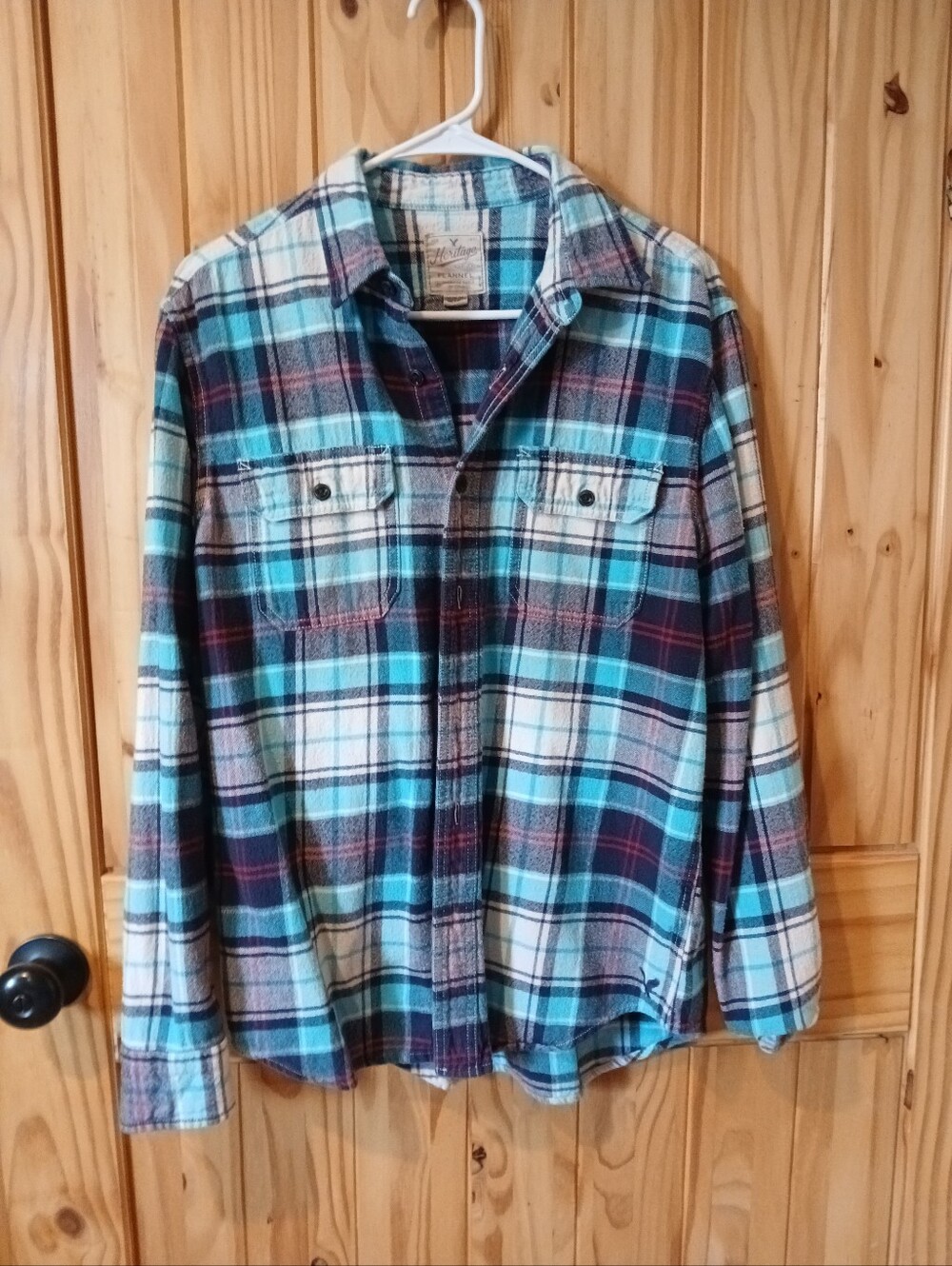 American Eagle Outfitters Teal and Navy Plaid Flannel Shirt Size M
